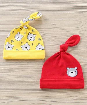Babyhug 100% Cotton Caps Bear Print Pack of 2 - Yellow Red