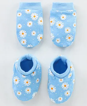 Babyhug 100% Cotton Mittens & Booties Set Floral Print- Blue