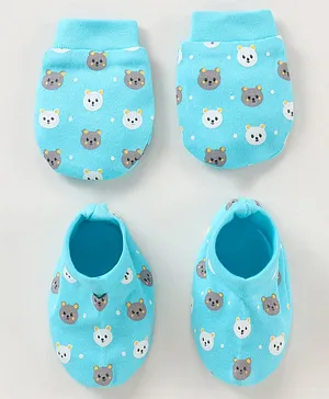 Babyhug Cotton Mittens & Booties Set Animal Print - Blue