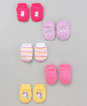 Babyhug 100% Cotton Mittens Printed Pack Of 5 - Yellow Pink Violet