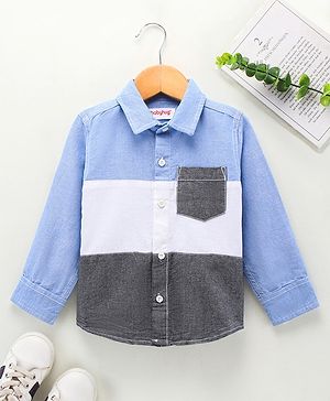 Babyhug Full Sleeves Solid Color Shirt With Front Cut & Sew Pannel - White Blue