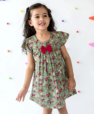 Campana Short Sleeves Cherry Print Bow Applique Dress - Olive Green & Red