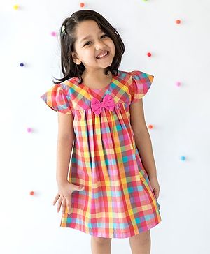 Campana Short Sleeves Checks Print Bow Applique Dress - Multi Color