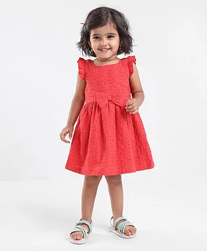 Babyoye Cotton Frill Sleeves One Piece Frock Dress Schiffili - Red