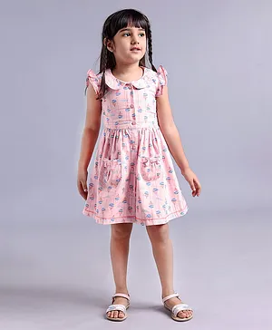 Babyoye Frill Cap Sleeves Frock With Bow Applique Boat Print - Pink
