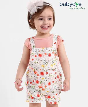 Babyoye Cotton Cap Sleeves T-shirt With Dungaree Floral Print- Peach White