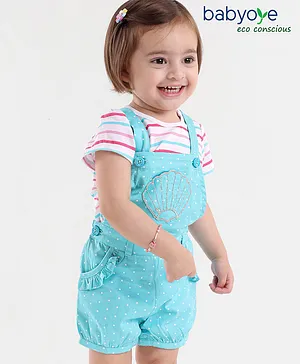 Babyoye Cotton Shell Embroidery Dungaree with Half Sleeves Striped Inner Tee - Blue