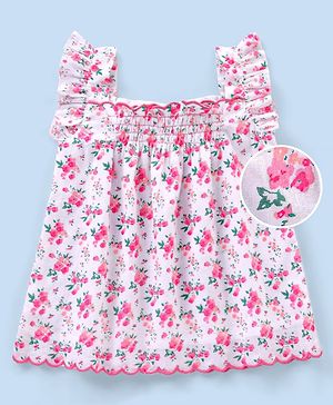 Babyhug Frill Sleeves Printed Cotton Cambric Top With Scalloped Embroidery At Hemline And Smocking-White Pink