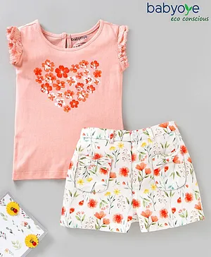 Babyoye Cotton Frill Sleeves Top & Shorts Set Floral Print- Peach