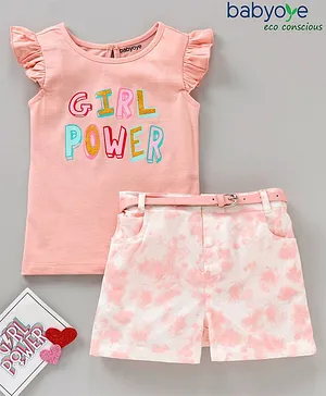 Babyoye Cotton Frill Sleeves Top & Shorts Set Glitter Text Print- Pink