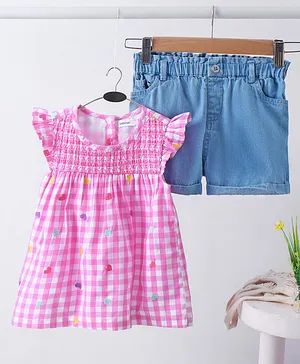 Babyoye Cotton Frill Sleeves Frock Style Checked Top & Shorts Set - Pink Blue