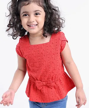Babyoye Short Sleeves Cotton Embroidered Peplum Top with Bow Applique - Red