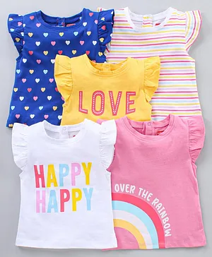 Babyhug Short Sleeves Cotton T-Shirts Heart Text And Stripe Print Pack Of 5 - Pink Yellow White Blue