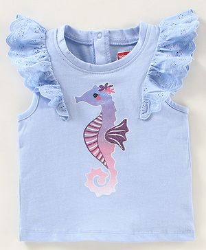 Babyhug Short Sleeves Top With Graphics & Schiffli Detailing Sea Horse Print - Blue