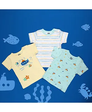 Kicks & Crawl Pack Of 3 Half Sleeves Striped & Submarine Printed Tee - Yellow & Blue