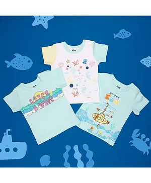 Kicks & Crawl Pack Of 3 Half Sleeves Underwater Adventure Theme Tee - White & Blue