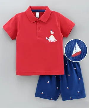 Zero Half Sleeves T-Shirt & Shorts Boat Print - Red Blue