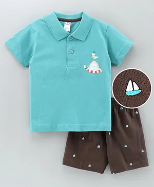 Zero Half Sleeves T-Shirt & Shorts Boat Print - Green Brown