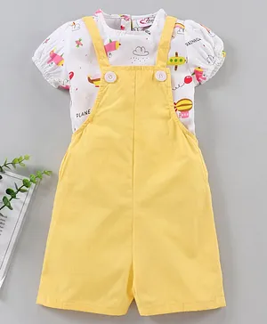 M'andy Cap Sleeves Plane Printed Top With Solid Dungaree - Yellow