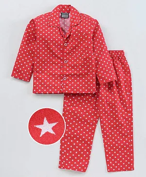 Rikidoos Full Sleeves Stars Print Shirt & Pajama Night Suit - Red