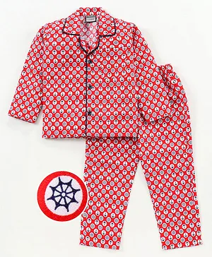 Rikidoos Full Sleeves All Over Anchor Printed Night Suit - Red