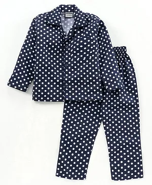 Rikidoos Full Sleeves Polka Dot Printed Night Suit - Navy Blue