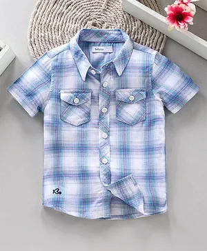 Babyoye Half Sleeves 100% Viscose Embroidery Cotton Checks Shirt - Blue