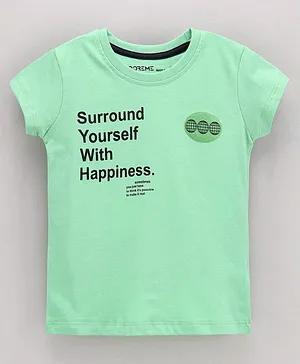 Doreme Half Sleeves Cotton T-shirt with Quote - Pista Green