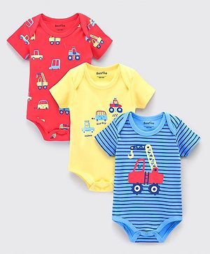 Bonfino Half Sleeves Onesies Vehicles Print Pack of 3 - Red Blue Yellow