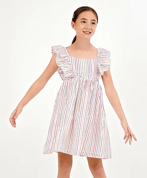 Primo Gino Flutter Sleeves Frock with Stripes Print - White