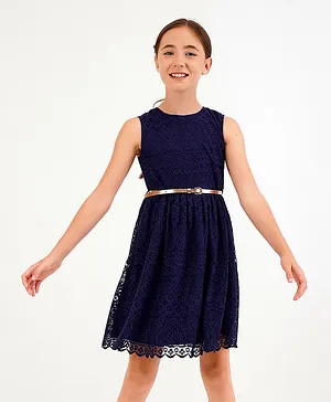 Primo Gino Sleeveless Solid Lace Dress - Navy Blue