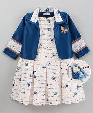 Enfance Sleeveless Text And Flower Print Dress With Full Sleeves Jacket - Blue