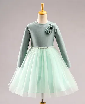Enfance Full Sleeves Solid Flower Applique Flared Dress - Green
