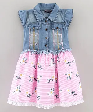 Enfance Cap Sleeves Embroidered With Floral & Stripes Print Flared Denim Yoke Dress - Pink