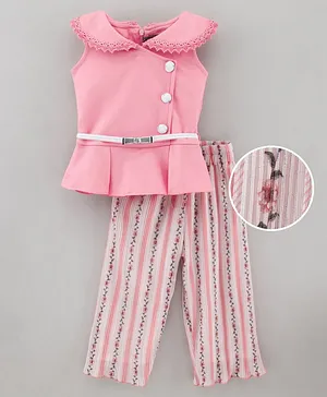 Enfance Sleeveless Buttoned Top With Bow Belt And Stripe And Floral Print Pant - Pink