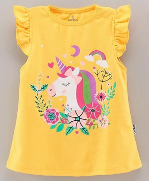 Child World Flutter Sleeves Frock Unicorn Print - Yellow