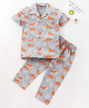 OJOS Half Sleeves Night Suit Set Cheetah Print - Grey