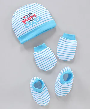 Babyhug 100% Cotton Cap Mitten & Booties Set Striped & Text Print Blue - Diameter 9.5 cm