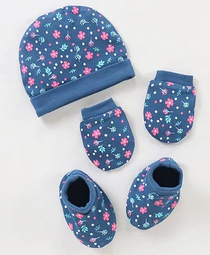 Babyhug Cotton Cap Mitten & Booties Set Floral Print Blue - Diameter 9.5 cm