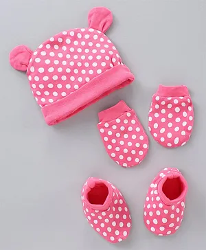 Babyhug Cotton Cap Mitten & Booties Set Polka Dot Print Pink - Diameter 9.5 cm