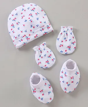 Babyhug Cotton Cap Mitten & Booties Set Floral Print White - Diameter 11.5 cm