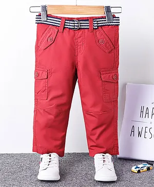 Babyhug Full Length Solid Trouser With Belt - Maroon