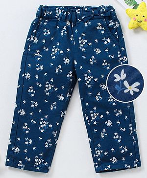Babyhug Full Length Trouser With Bow Applique Floral Print - Blue