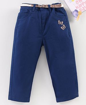 Babyhug Full Length Embroidered Pant With Belt - Dark Blue