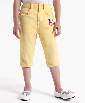 Babyhug Cotton Lycra 3/4th Length Capris Pant Floral Embroidered - Yellow