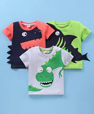 OJOS Half Sleeves T Shirt Dinosaur Shark Print Pack of 3 - Pink Green White