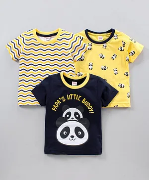OJOS Half Sleeves T-Shirts Panda & Stripes Print Pack of 3 - Yellow Blue