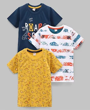 OJOS Half Sleeves Cotton T-Shirt Animal Stripe And Text Print Pack Of 3 - Blue White Mustard