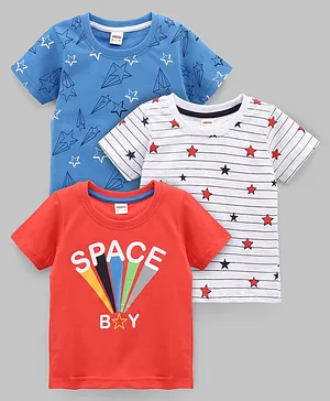 OJOS Half Sleeves Cotton T-Shirt Space Bay Star And Stripe Print - Orange White Blue
