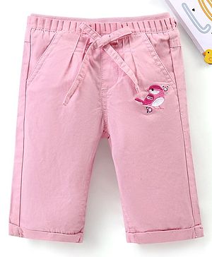 Babyhug Capri Length Cotton Pant With Bird Embroidered - Pink